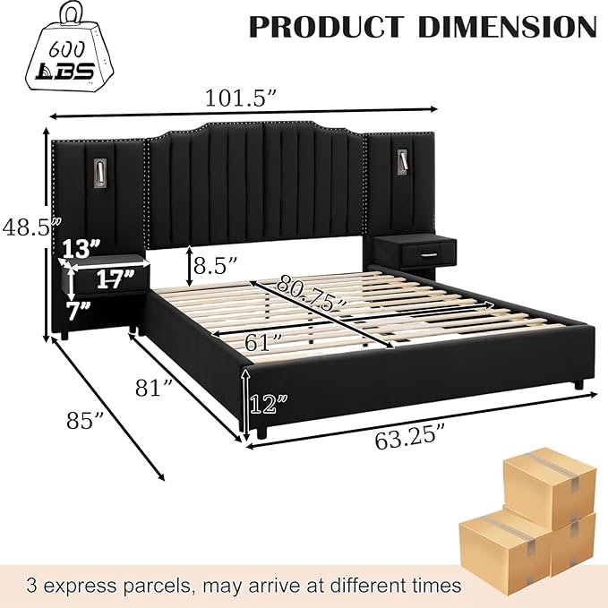 Luxury Queen Bed Frame with Headboard and Storage, Velvet Fabric Upholstered Platform Bed Frame Queen Size with LED Lights, Solid Frame & Bedside Table, No Box Spring Needed, Black
