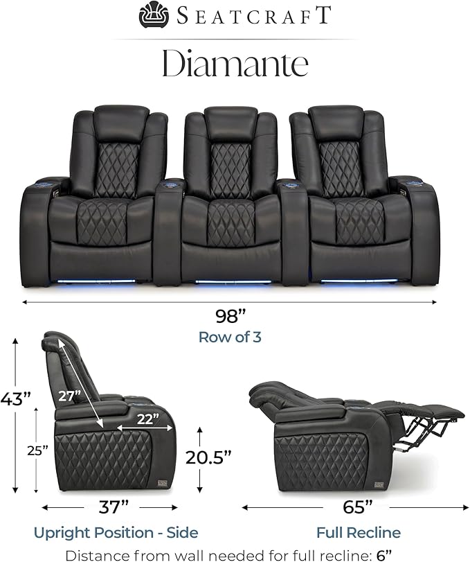 Seatcraft Diamante Zero-Gravity CoolZero Italian Leather Home Theater Seating, Power Headrest, Power Recline, Row of 3, Black