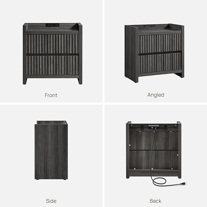SICOTAS Night Stand Set of 2-Fluted Nightstands with Charger Station-Large Nightstand Bedside Table End Table with 2 Drawers, 25" Wide Mid Century Modern Night Stands for Bedroom-Black Oak