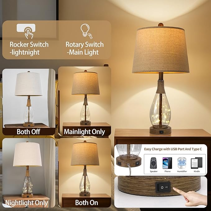 OYEARS Wood-Like Bedside Table Lamps Set of 2 with USB, Farmhouse Nightstand Lamps for Bedroom, Retro Rattan Table Lamps for Night Stands, Living Room, Boho Table Lamp with Glass Nightlight