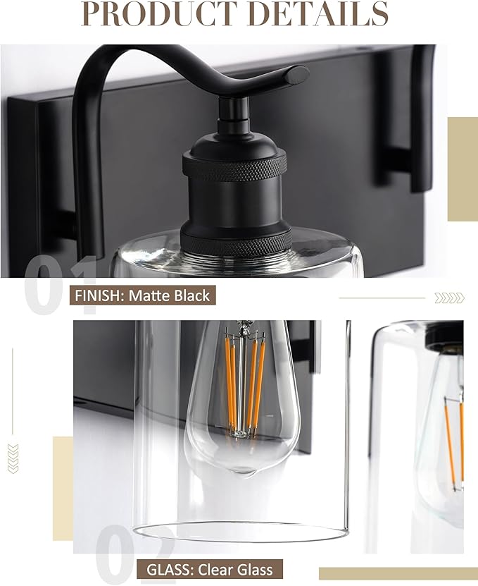 2-Light Black Bathroom Light Fixture Over Mirror, Modern Vanity Light, Clear Glass Wall Sconce, VL01BK-2