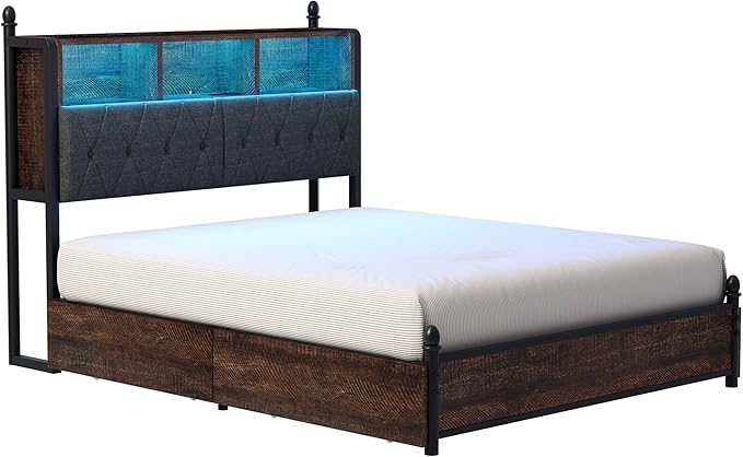 AMERLIFE Full Size Bed Frame with Bookcase Headboard, 4 Storage Drawers, Wooden Platform Bed with Charging Station & LED Light, No Box Spring Needed, Noise-Free, Rustic Brown