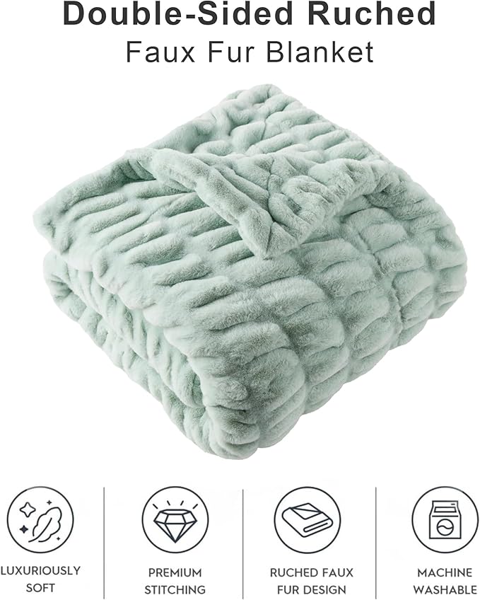 BATTILO HOME Luxury Faux Fur Throw Blanket for Couch, Super Soft Warm Cozy Plush Mink Blanket, Double Side Ruched Rabbit Fur Blanket for Bed, Sofa, Chair, 50"x60", Sage Green