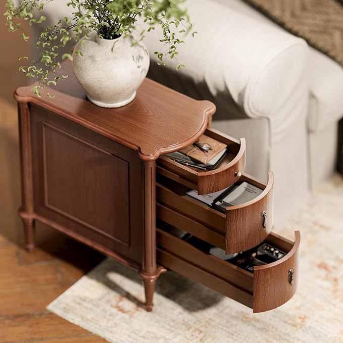 STO'SENSE Nightstand w/Charging Station & 3 Drawers, Pre-Assembled, Vintage Side Table w/Antique-Finished Pulls, Rustic Wood Finish, Narrow End Table w/Turned Legs for Bedroom (1, Brown)