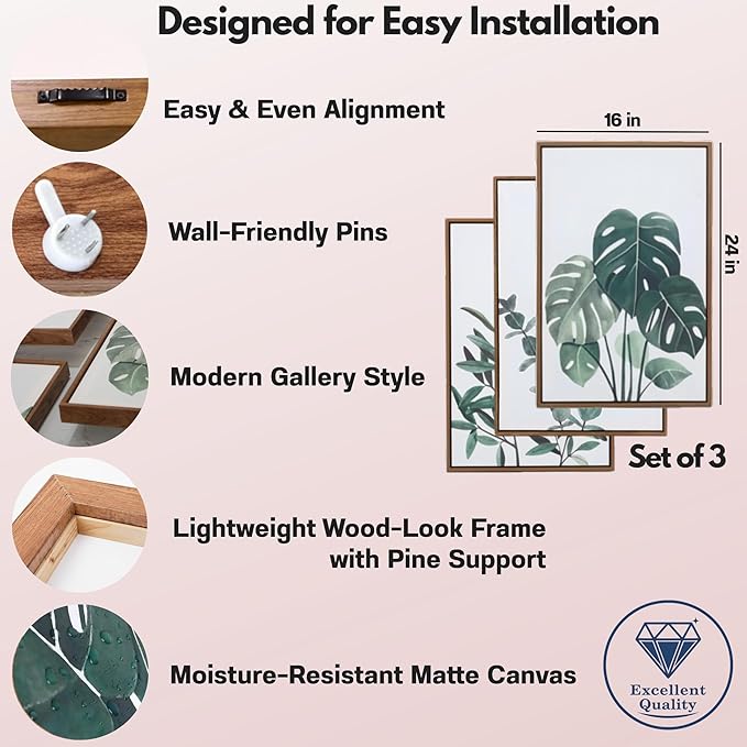 Sage Green Boho Framed Wall Art,16x24x1.38in 3Pcs, Neutral Botanical Canvas Prints, Monstera, Eucalyptus & Olive Leaf Decor, Floating Frames Included, Minimalist Art for Living Room, Bedroom