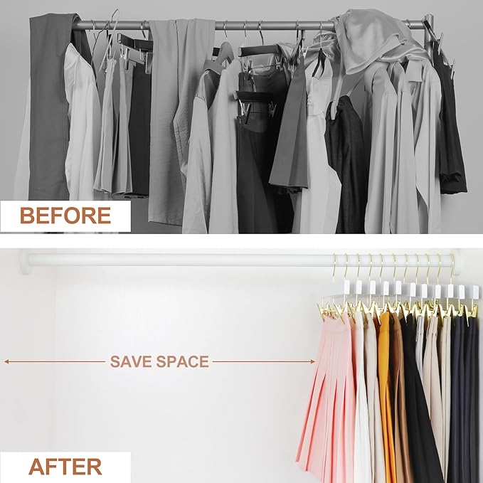 TOPIA HANGER White Wooden Pants Hangers with Gold Clip, 20 Pack Skirt Short Trousers Jeans Slacks Hangers with 360 Swivel Hook and Adjustable Clip with Rubber Padded for Closet, CT50WG20