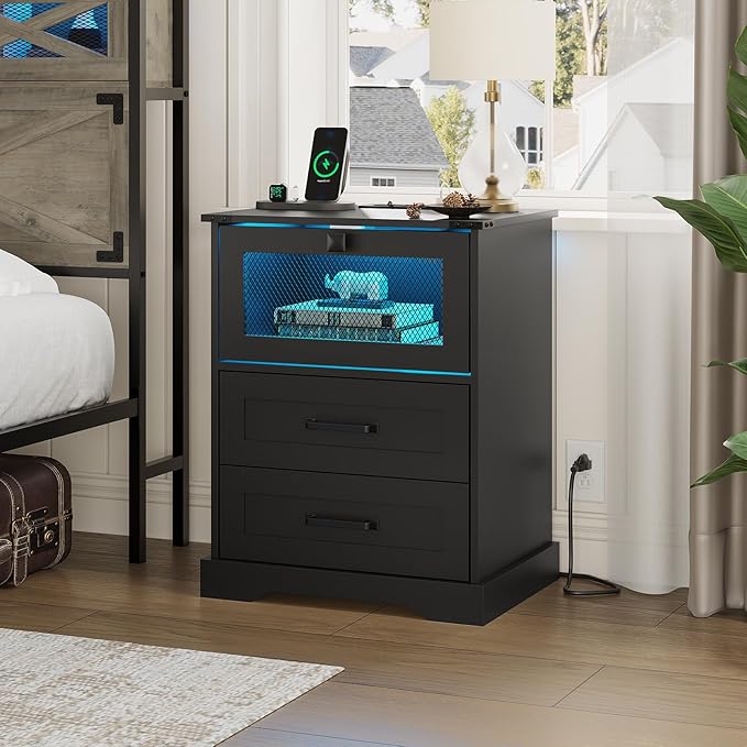 Hasuit Night Stand with Charging Station and LED Lights, Farmhouse Nightstand with 2 Drawers, Black Bedside Table for Bedroom