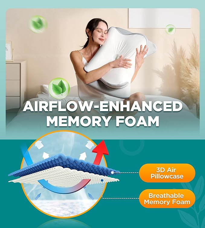 Cervical Neck Pillow for Pain Relief, Cooling Memory Foam Pillow for Side, Back & Stomach Sleepers, Odorless Bed Pillow for Deep Sleep, Ergonomic Orthopedic Contour Neck Support Grey