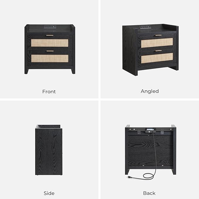 SICOTAS Black Nightstands Set of 2 Bed Side Table - Boho Night Stand End Table with Type-C Charging Station, 2 Rattan Decor Drawers Storage Cabinet Night Stands for Bedroom, Black Oak