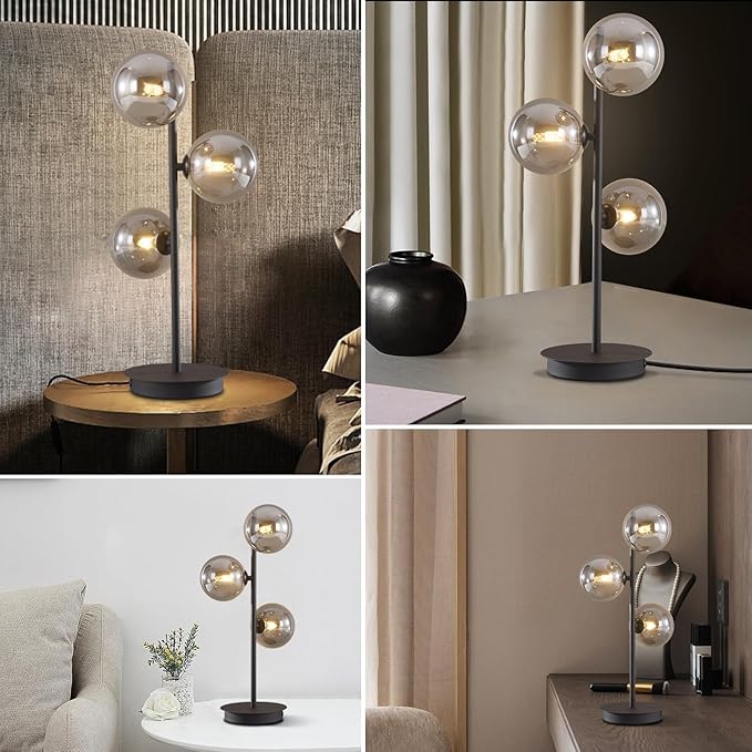 Mid Century Modern Table Lamp Smoky Grey Glass Globe Desk Lamp Industrial Vintage Bedside Table Light Contemporary Minimalist Metal Nightstand Reading Lamp Retro Table Lamp MTL03-SG