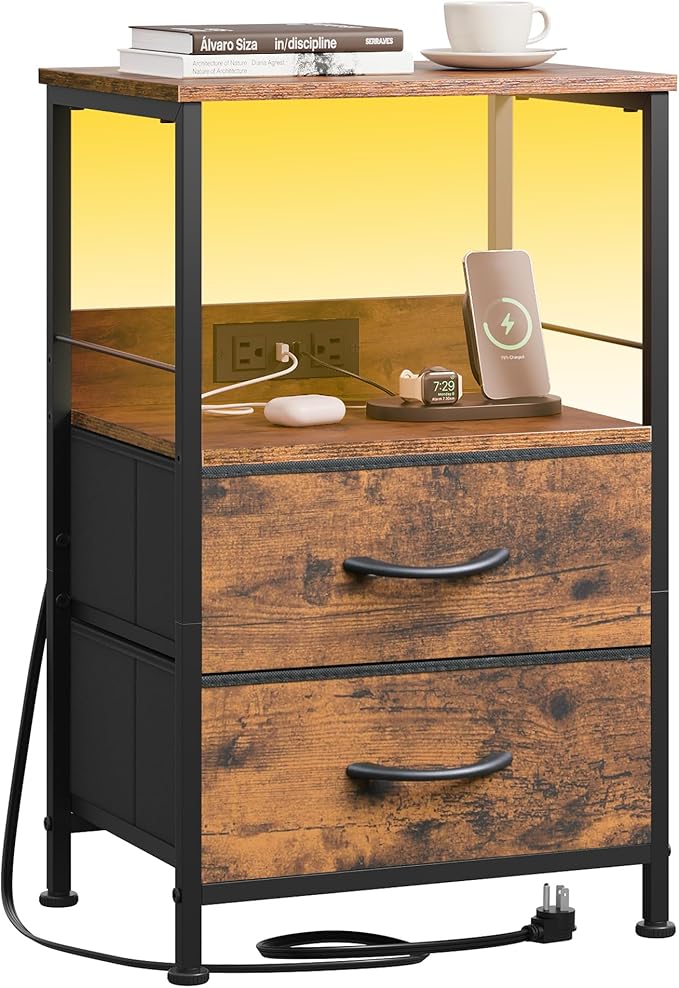 WLIVE Night Stand with Charging Station, LED Nightstand with 2 Fabric Drawers and Storage Shelf, Small Bedside Tables for Small Spaces, Dresser for Bedroom, Rustic Brown