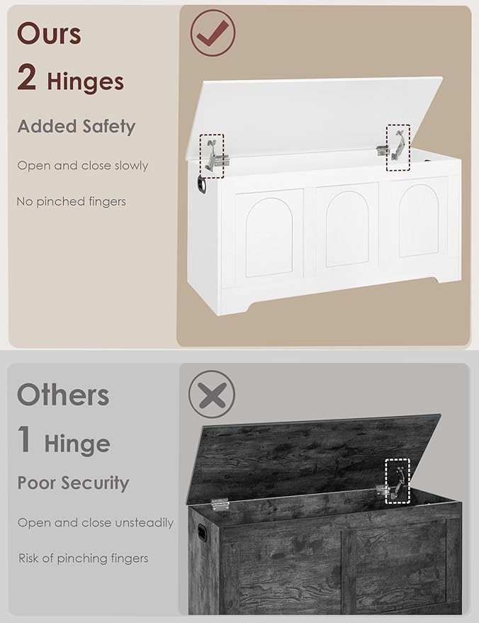 DINZI LVJ Storage Chest, 39.4” Wooden Toy Box with 2 Safety Hinges, Entryway Shoe Bench with Flip-Top, Sturdy Large Storage Trunk for Living Room, Bedroom, Playroom, Easy Assembly, White