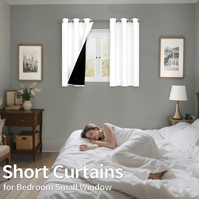 BGment Short 100% Blackout Curtains - 30 Inch Curtains for Small Window with Black Liner, Thermal Insulated Double Layer Noise Reducing Grommet Curtain for Kitchen (42 x 30 Inch, Pure White, 2 Panels)