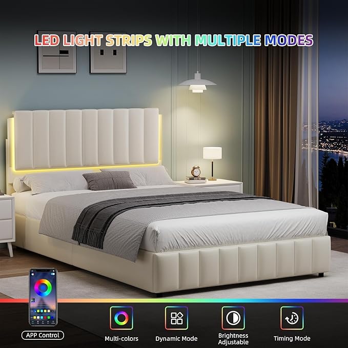 Queen Bed Frame with Headboard and LED Lights, Modern Upholstered Faux Leather Platform Bed with Wooden Slats Support, No Box Spring Needed, Easy Assembly, Cream