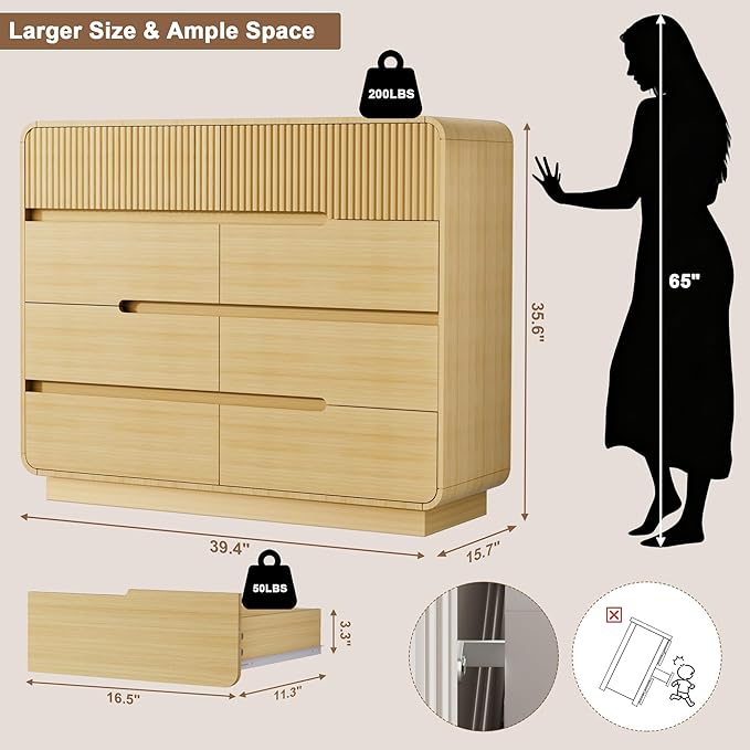 8 Drawer Dresser and 2 Nightstand Sets for Bedroom 3 Pcs Bedroom Set, Modern 39.4" Fluted Dresser with Invisible Handles Nightstand Charging Station, Bedroom Furniture Set for Living Room, Natural