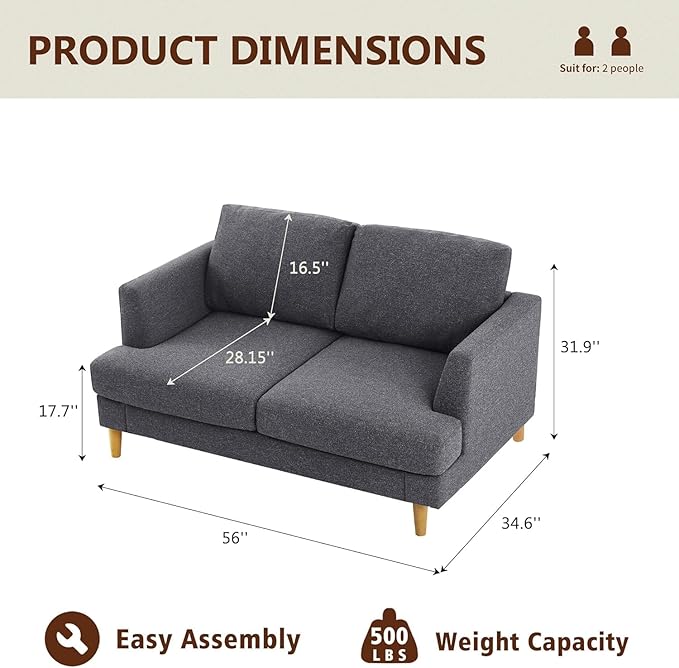 Loveseat Sofa 56", Small Couches for Small Spaces, Mid Century Love Seat Couches for Living Room, Upholstered 2-Seater Deep Couch for Bedroom, Apartment, Dark Grey