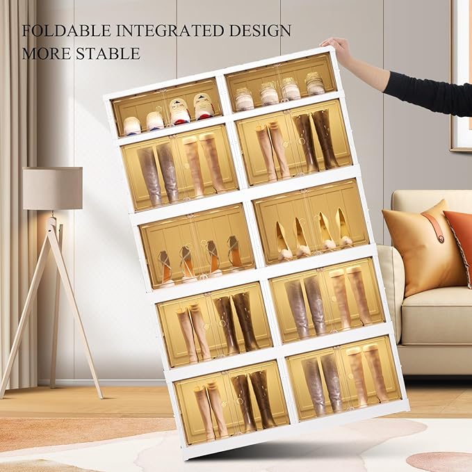 5-Tier Foldable Shoe Rack Organizer for Closet 20Pairs Plastic Collapsible Shoes Storage Box Clear Shoe Boxes Stackable with Door Easy Assembly Shoe Cabinet Bins with Lids Large
