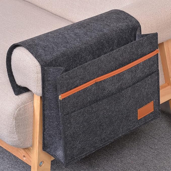 Bedside Caddy for Dorm and Bed Storage - Black Felt Organizer with 5 Pockets for Book, Phone, Tablet, iPad and Remote Holder
