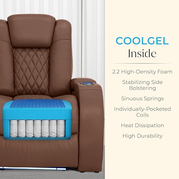 Seatcraft Diamante Zero-Gravity CoolZero Italian Leather Home Theater Seating, Power Headrest, Power Recline, Single Recliner, Tobacco
