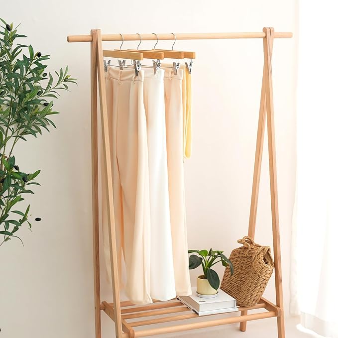 BAGAIL 10 Pack Wooden Pants Hangers with Adjustable Clips, 360°Swivel Hook Space Saving Skirt Holders with Anti-Rust Clips for Trousers, Jeans, Shorts (Natural)