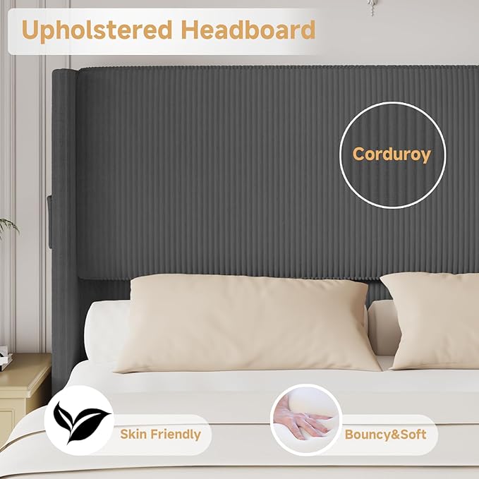 King Size Bed Frame with Headboard, Upholstered Platform Bed with Tall Wingback Headboard & Footboard, Corduroy Bed Frames with USB Ports, Easy Assembly, Grey