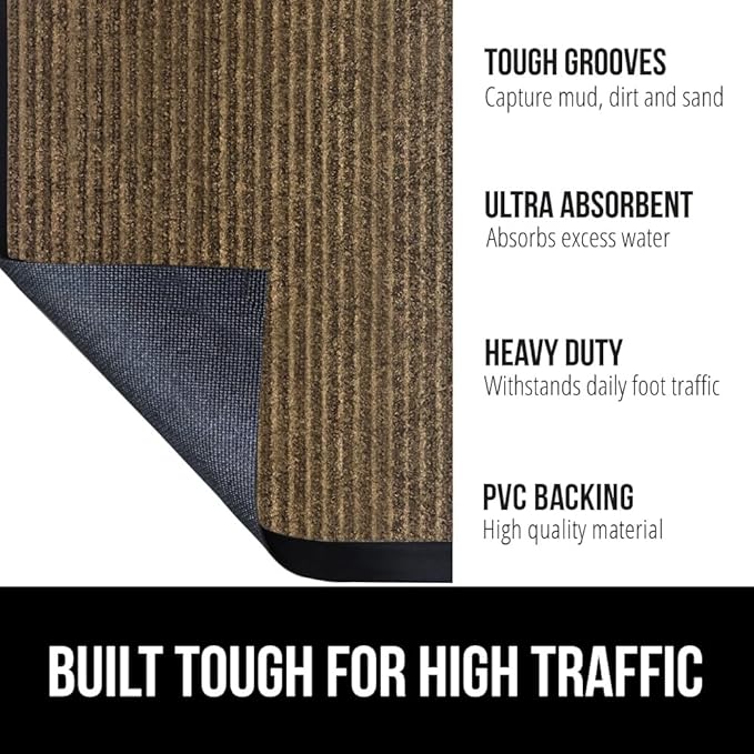 GORILLA GRIP Waterproof Traffic Guard Door Mat, 70x24, Heavy Duty Entryway Mats, Strong Rubber Back Commercial Utility Rugs for Office Hallway, Garage Floor and Home, Low Profile Carpet Runner, Brown