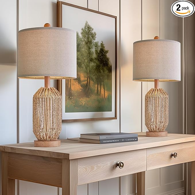 OYEARS 21" Boho Table Lamps Set of 2 for Living Room, Bedside Lamps for Nightstand, Rattan Lamp for Bedroom, Farmhouse Table Lamps for Boho Decor, End Table, Retro, Brown