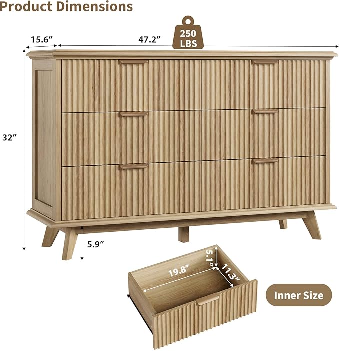 QUW Modern Fluted Dresser for Bedroom with 6 Drawers,47.2" Wood Closet Organizers and Storage,Wide 6 Drawer Dresser with Metal Handle,Hallway,Living Room(Natural Oak)