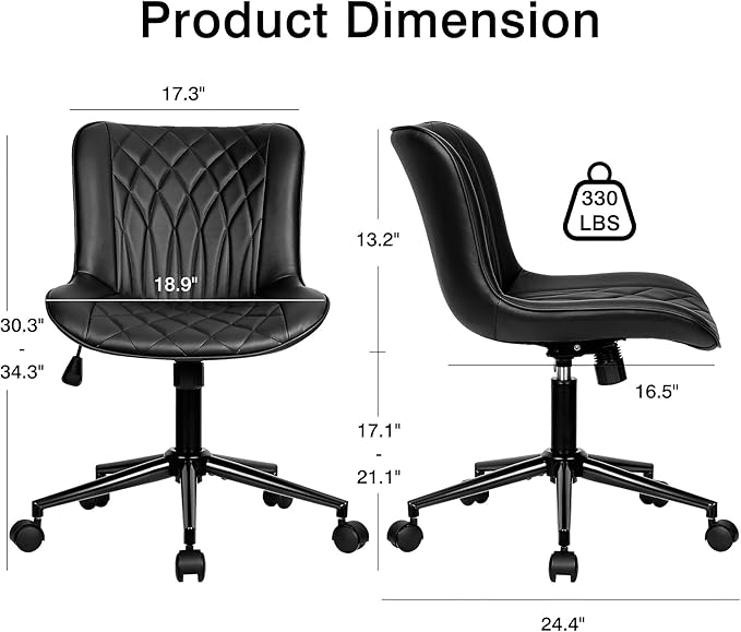 VECELO Mid-Back Desk Chair with Adjustable Height, PU Leather Makeup Vanity Chair with Wheels, Armless Space-Saving Task Chair, for Home Office, Black