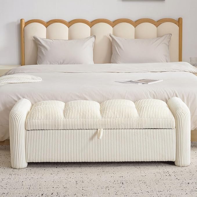 Oversized Corduroy Ottoman Bench with Storage, Upholstered End of Bed Bench for Bedroom, Ottoman Foot Rest for Living Room, Beige