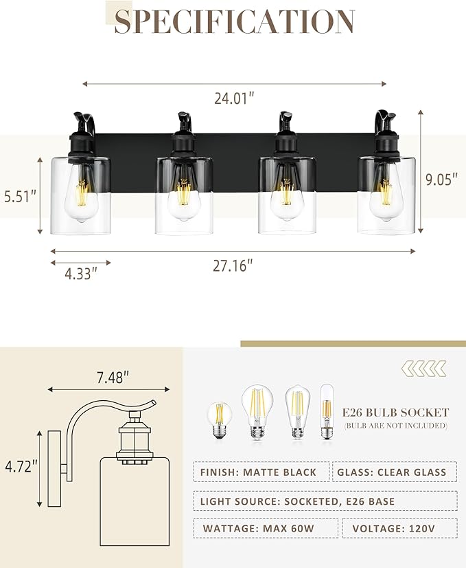 4-Light Black Bathroom Light Fixture Over Mirror, Modern Vanity Light, Clear Glass Wall Sconce, VL01BK-4