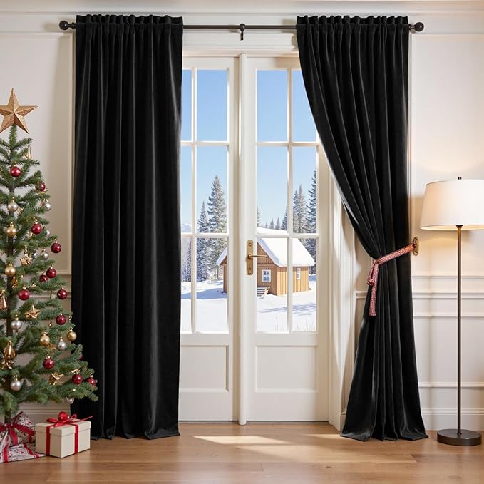 Lazzzy Velvet Blackout Curtains Thermal Insulated Room Window Drapes Super Soft Luxury Curtains for Living Room Bedroom Rod Pocket 2 Panels, Black, 52" W x 96" L