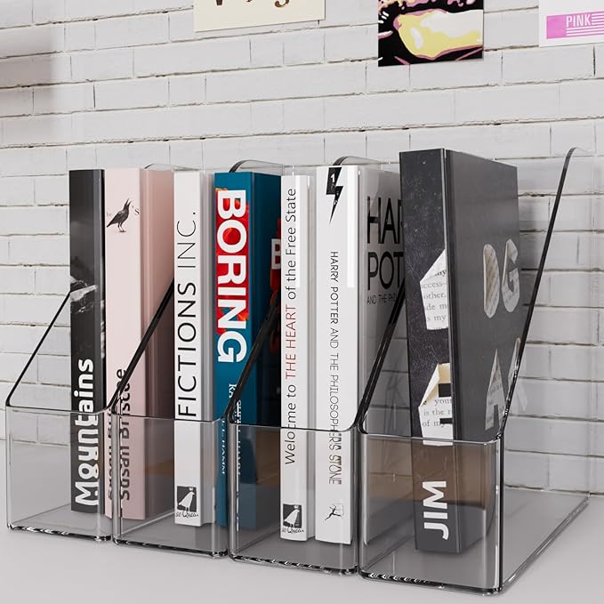 ICCGBHGO Magazine Holder, Clear Plastic Vertical File Magazine Organizer, Desktop File Magazine Book Storage Shelf for Office Desk(4PCS)