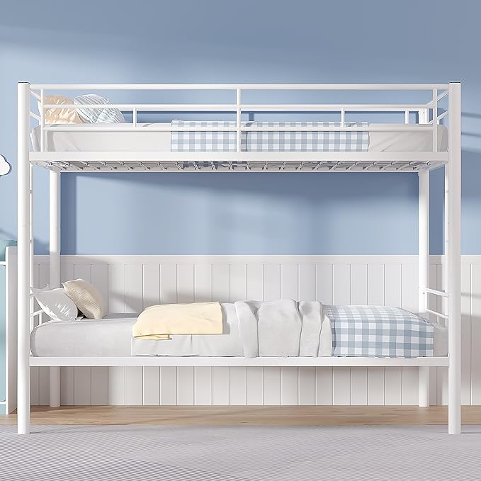 VECELO Bunk Bed Twin Over Twin, Metal Bunkbeds with Ladder and Full-Length Guardrail, No Box Spring Needed, Space Saving, Noise Free, White