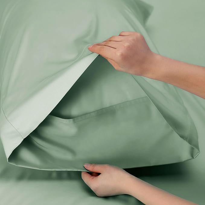 Bedsure Queen Sheet Set, Rayon Derived from Bamboo, Cooling Sheets, Breathable & Soft, Deep Pocket Up to 16 Inches, Hotel Luxury Silky Bedding for Hot Sleepers, Sage Green