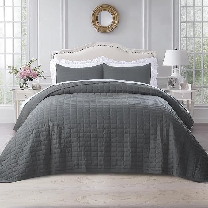 KASENTEX King XL Quilt Set 108"x98" – Soft Washed 3-Layer Lightweight Bedspread, Minimalist Nordic Design, All-Season Spring & Summer Quilt Set (1 Quilt + 2 Pillow Shams), Dark Grey