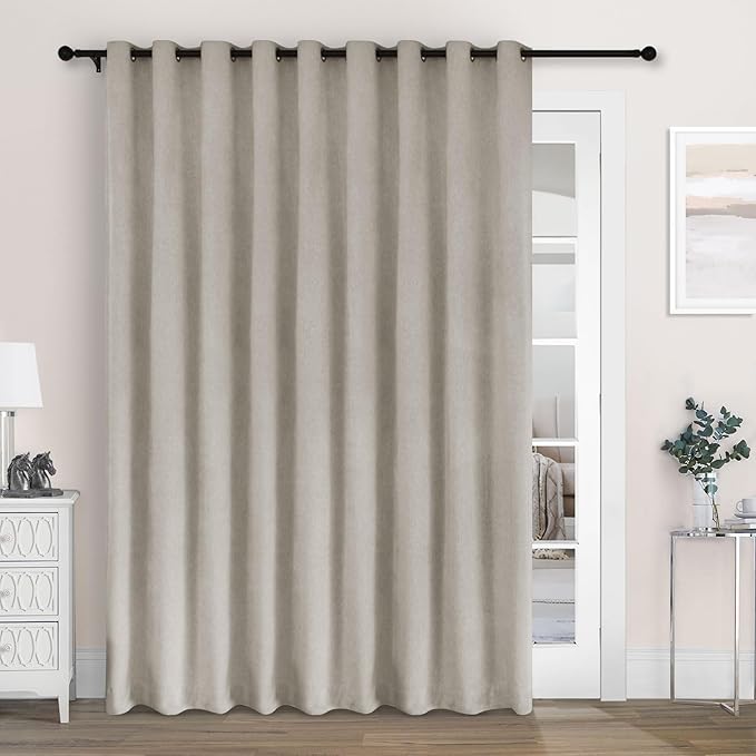 Macochico Extra Wide 100% Blackout Chenille Curtains 100" Wx102 L Thermal Curtains for Sliding Door Room Divider Living Room Bedroom Hotel Beige Blackout Curtains Grommet with Tieback 1 Panel