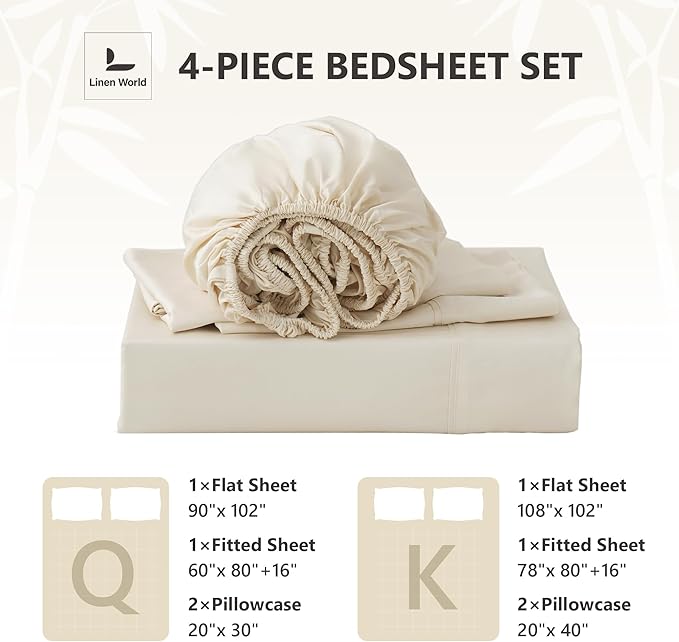 Linen World King Size 400TC Cooling Bed Sheet Set - 100% Organically Grown Viscose Sheets, Silky Soft & Breathable, Deep Pocket Fits Up to 16", 4-Piece Sheets with Pillowcases,Creamy