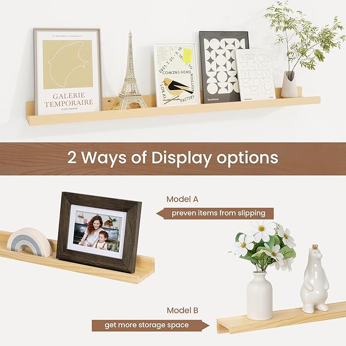 Picture Ledge Shelf, Floating Shelves Set of 2, 32 Inches Solid Wood Nursery Book Shelves for Toys Storage, Kids Bookshelf Wall Mounted for Living Room Decor Books Photo Frames, Unfinished Natural