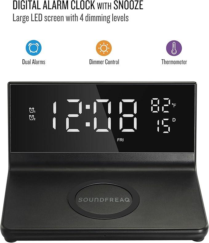 Soundfreaq Charge Rise II, SFQ-20: Digital Alarm Clock, with Dual Alarms, Fast USB Charger and Wireless Charger (Black)