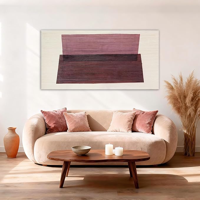 YETHEN WAL Neutral Burgundy Mauve Abstract Wall Art, Hand-Painted Textured Geometric Stripe Canvas Painting, Earth-Tone Minimalist Artwork for Living Room Bedroom Office 20x40 Inch