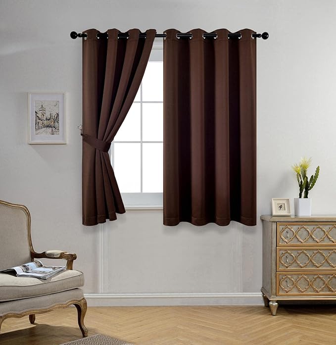 MIUCO Room Darkening Grommet Window Blackout Curtains Two Panels for Girls Bedroom 52x63 Inch Chocolate, Bonus 2 Tie Backs Included