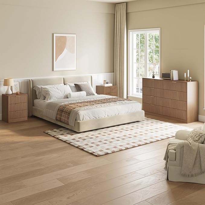 8 Drawer Dresser & 3 Drawer Nightstand Set 3-Piece, Tall Fluted Dresser and Night Stand Set of 2 w/Metal Handle, Modern Wood Chest of Drawers Storage Dressers Set for Bedroom, Natural Wood