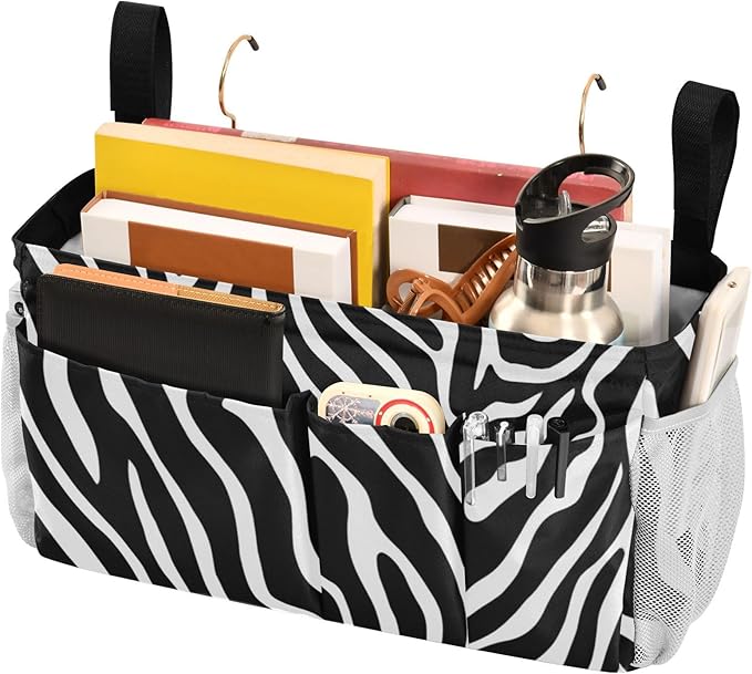 Bedside Caddy Hanging Bunk Bed Caddy Bed Organizer Hanging Pocket with 2 Hooks Bedside Storage Organizer Pocket Bag Holder White Black Zebra Print