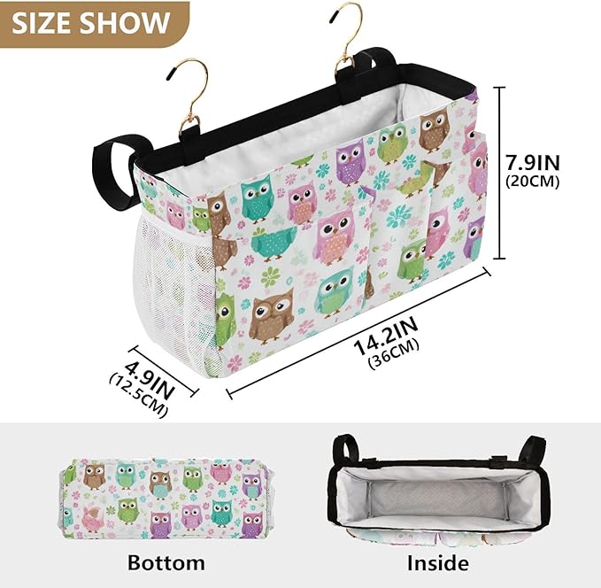Bedside Caddy Hanging Bunk Bed Caddy Bed Organizer Hanging Pocket with 2 Hooks Bedside Storage Organizer Pocket Bag Holder Colorful Owls and Flowers