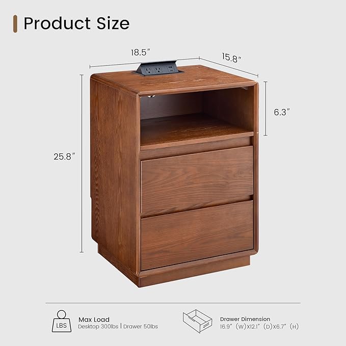 Solid Wood Nightstand, Natural Wood Night Stand with Charging Station, Mid Century Modern Nightstand with 2 Drawers and Storage Shelf, Bedside Table for Bedroom, Office, Brown