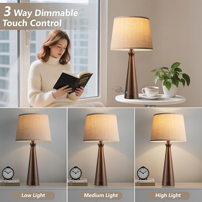 Seealle Modern Table Lamps Set of 2 - Touch Bedside Lamp for Nightstand with Dual USB C+A,3-Way Dimmable Brown Nightstand Lamps for Living Room Bedroom End Table with Oat Shade(Bulb Included)