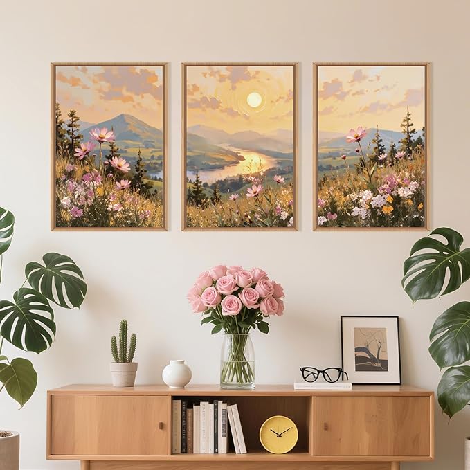 LHIUEM Large Boho Sunset Wildflower Framed Canvas Wall Art,Nature Pink Flower Wall Decor,Blossom Botanical Mountain Landscape Artwork for Living Room,Bedroom,Dining Room,Office -24"x36"x3
