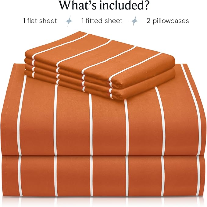 LuxClub 4 PC Sheet Set Bed Sheets Deep Pockets 16" Wrinkle Free Cooling Machine Washable Hotel Bedding Silky Soft - Striped-Autumn Orange King