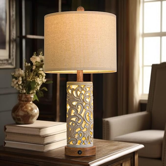 OYEARS 22'' Table Lamp Set of 2 for Living Room,Farmhouse Lamp for for Bedroom,Vintage Retro Bedside Lamps with USB Ports Linen Shade for Home Office (Brown, Bulb Included)